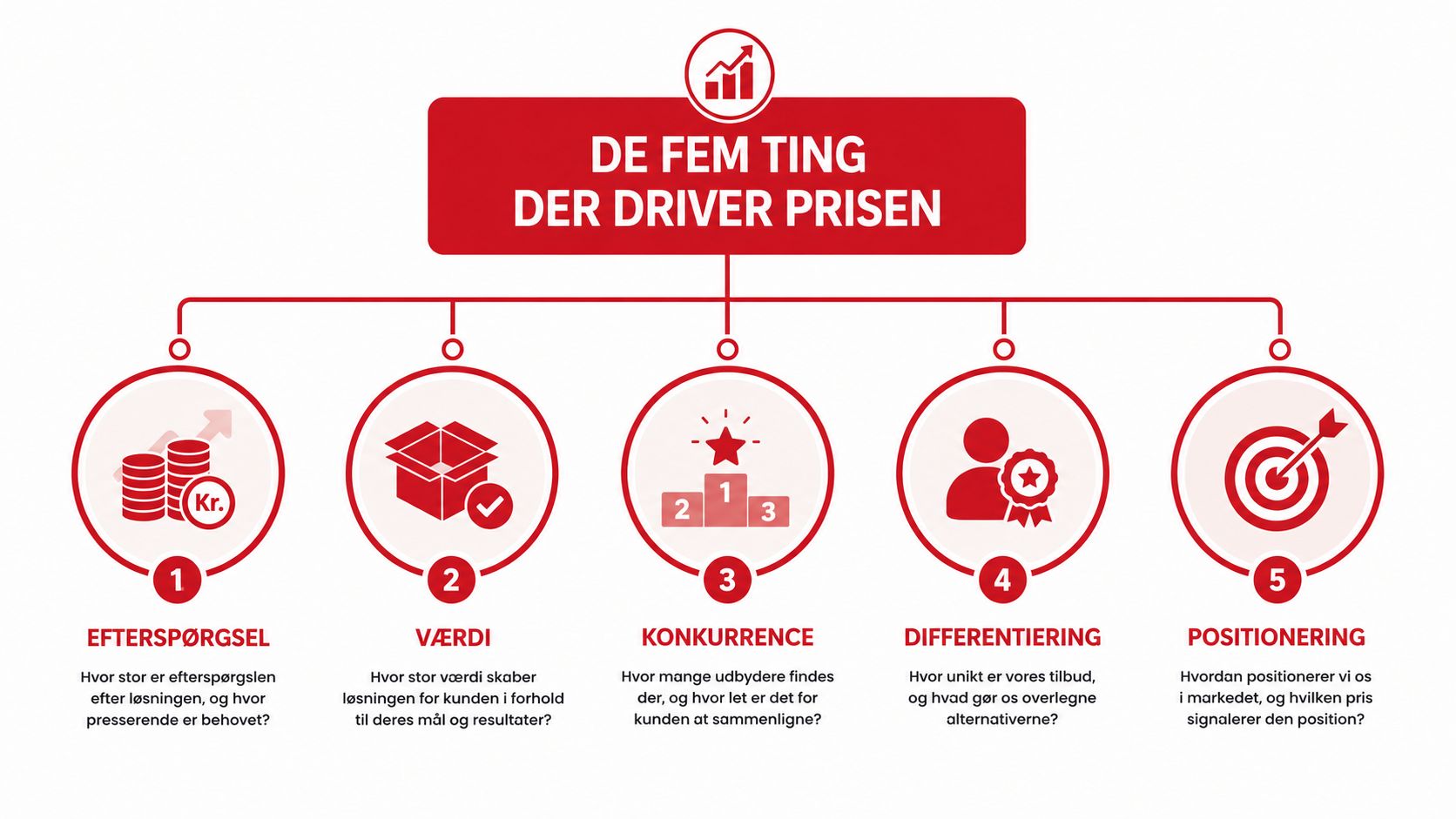En infografik der viser de fem vigtigste faktorer, der driver prissætning af produkter og services i markedet.