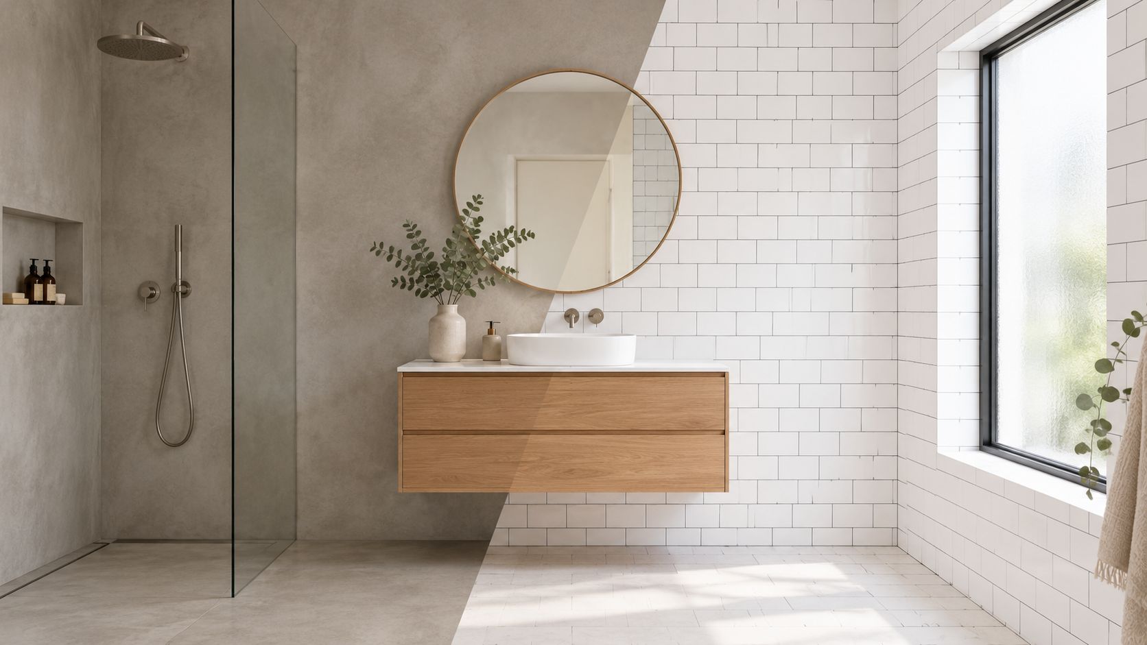 Moderne badeværelse med flisebelagt brusekabine, træskab, rundspejl og et lyst, minimalistisk design i skandinavisk stil.
