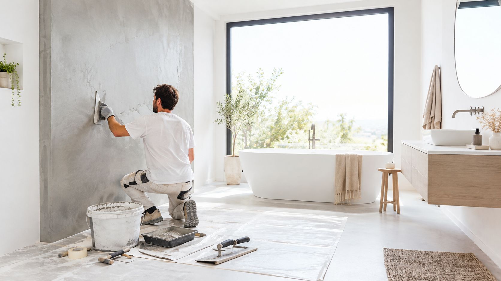 En professionel håndværker er i gang med at pudse og glatte en stor grå betonvæg i et moderne badeværelse.