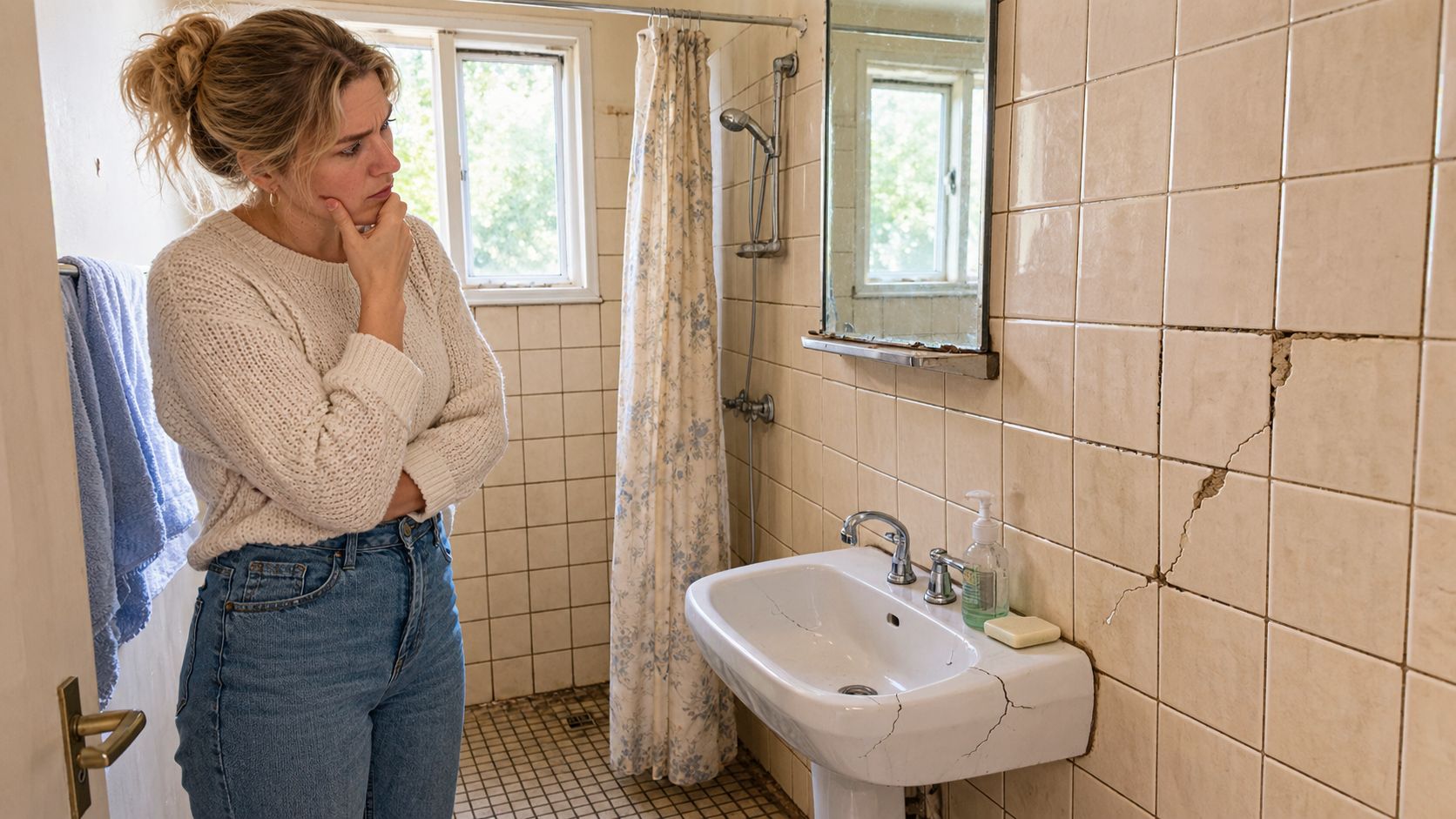 En kvinde ser bekymret på en ødelagt badeværelsesvask og en revnet flisevæg i sit gamle badeværelse.