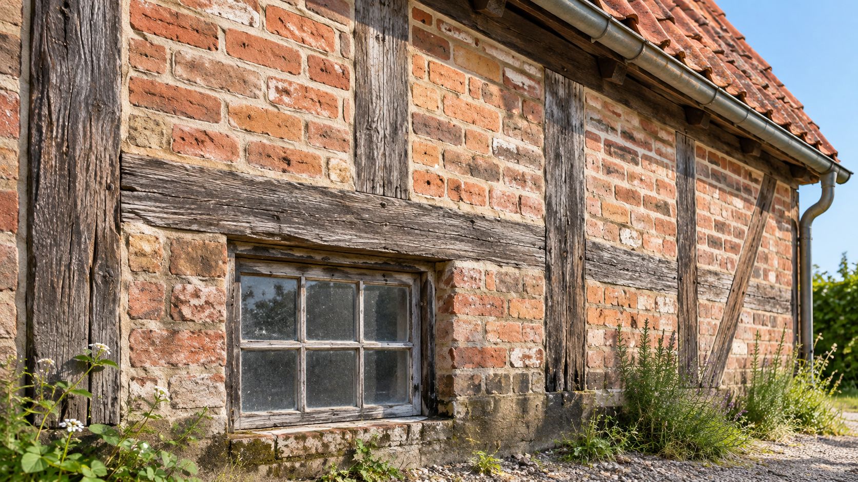 En detalje af en facade på et gammelt bindingsværkshus med synlige mursten og et lille vindue.
