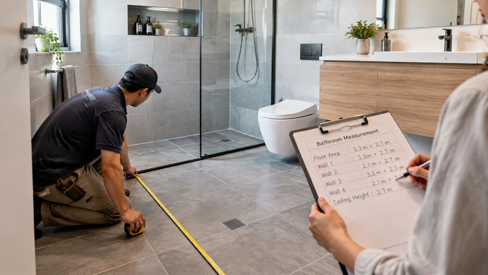Håndværker måler badeværelset op mens en person noterer målene på en blok til vådrumssikring og renovering.